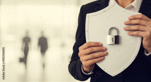 Business security and data protection concept with a person holding a shield and padlock