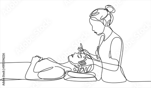 Continuous Line Drawing of Facial Massage Treatment by Professional Therapist