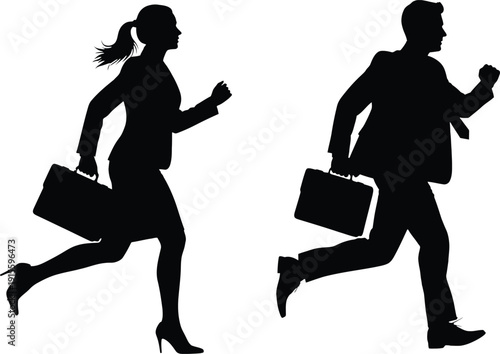 Silhouettes of businessman and businesswoman running