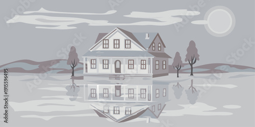Cozy House by the Pond at Night Vector Illustration