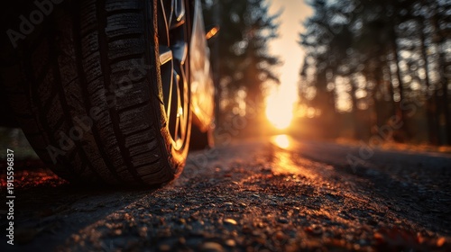 Close-up of car tire on asphalt road in forest at sunset