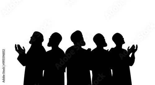 Silhouette of five individuals standing with raised hands against white background