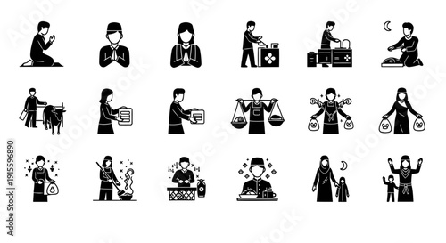 This black silhouette icon set presents twelve human figures expressing emotional and social values of Eid al-Adha such as gratitude, compassion, unity, and responsibility.