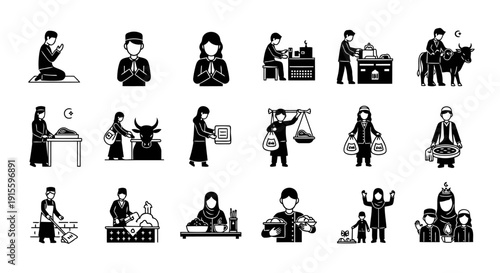 A symbolic icon set showing twelve human activities associated with Eid al-Adha, emphasizing community values, sharing, and spiritual moments. Rendered in solid black minimalist silhouettes 