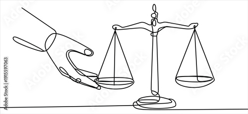 Hand Holding Scales of Justice, Single Line Drawing, Symbol of Law and Balance