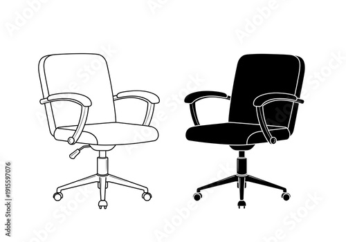 Two office chairs one outlined and one solid black with five star bases