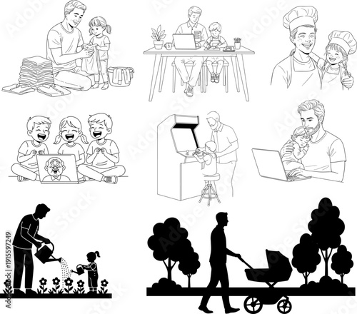  Father's Day  Modern Fatherhood Activities Collection: Line Art and Silhouette Icons of Dad Working from Home, Caring for Children, Playing Games, Cooking, Gardening, and Daily Family Life Scenes.