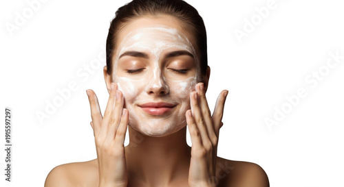 Woman applying facial mask with her eyes closed and hands on face isolated on transparent background for skincare routine