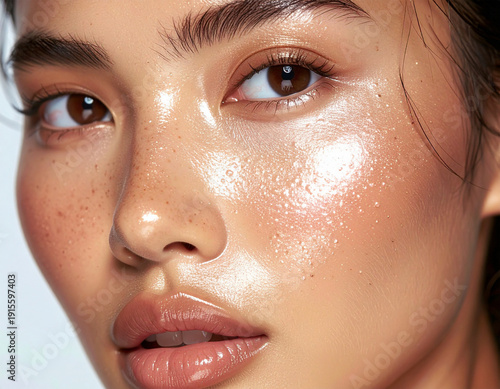 A woman with brown eyes and a tan face. She has a light brown makeup on her face