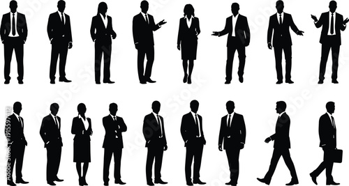 Diverse business professional silhouettes set featuring corporate men and women in suits standing walking presenting and working in office environments