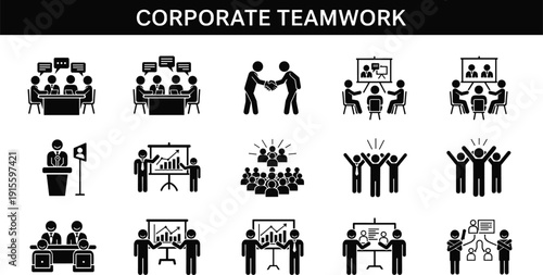 Corporate teamwork icon set with business presentation, meeting collaboration, executive handshake, leadership seminar, and professional group success symbols for graphic design