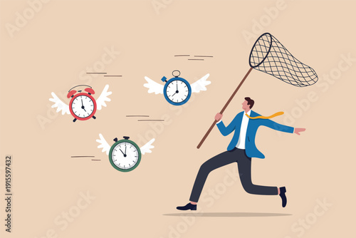 A businessman chasing flying alarm clocks with a butterfly net to manage time efficiently