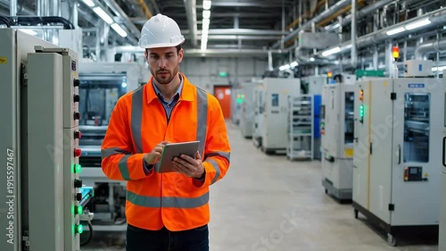 Factory worker in safety gear using tablet