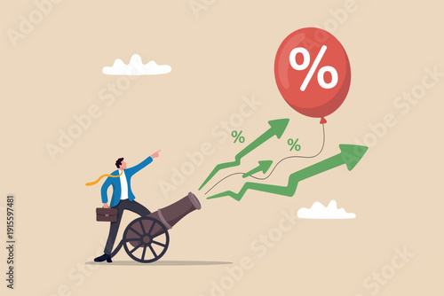 A businessman firing green growth arrows from a cannon to target a red interest rate balloon.