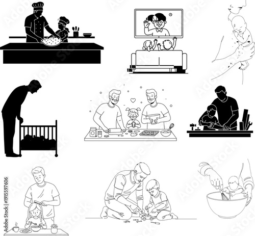  Father's Day  Vector Bundle of Family Activities and Parenting Moments | Collection of Icons Depicting Daily Life, Bonding, Baking, DIY, and Newborn Care in Silhouette and Line Art Style.