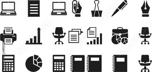Office and business icons set in black and white