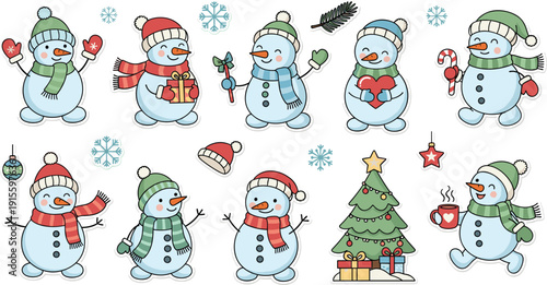 Cute Christmas snowman sticker set with gifts, candy cane, tree, snowflakes, winter