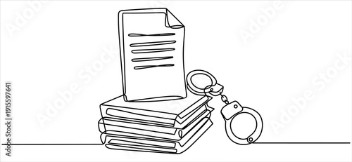 Handcuffs and Legal Documents Stacked on Books, Single Line Drawing