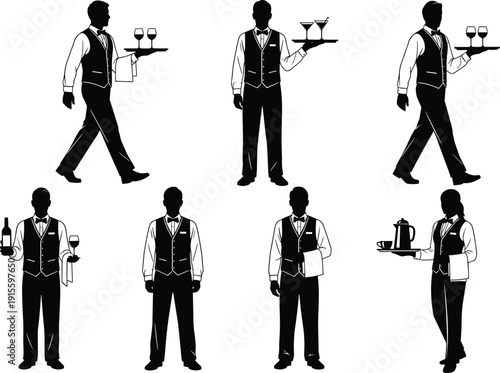 Professional waiter and waitress silhouettes in formal vest and bowtie, serving wine and coffee on trays, hospitality service vector set