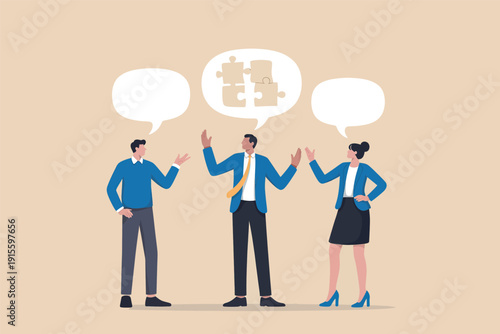 Business people collaborating and sharing ideas to solve complex problems with puzzle pieces