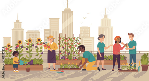 Urban Community Garden on Rooftop with People Growing Organic Vegetables