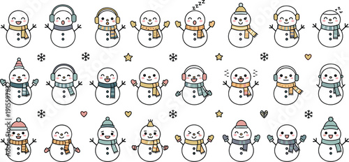 Cute snowman emoji set with winter expressions, scarves, hats, snowflakes, stars