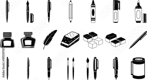 Collection of various writing instruments and stationery items