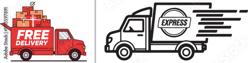 Two vector shipping icons: a red truck overflowing with boxes labeled "FREE DELIVERY" and a white line-art van with motion lines and a circular "EXPRESS" logo.