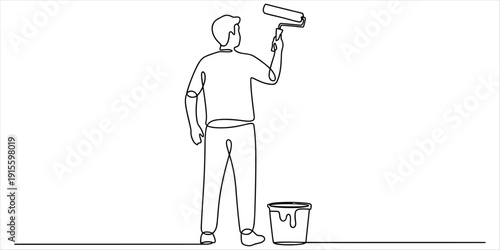 Man Painting Wall with Roller and Paint Can Single Line Drawing Stock Media