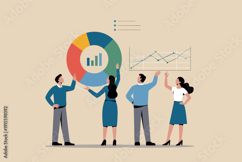 A group of professional people analyzing business data charts and financial growth reports together.