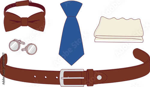 Set of 5 mens accessories flat illustration necktie bow tie cufflinks pocket square and leather belt