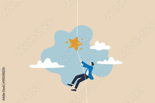 Businessman climbing a rope to reach a golden star in the sky representing success and goals.