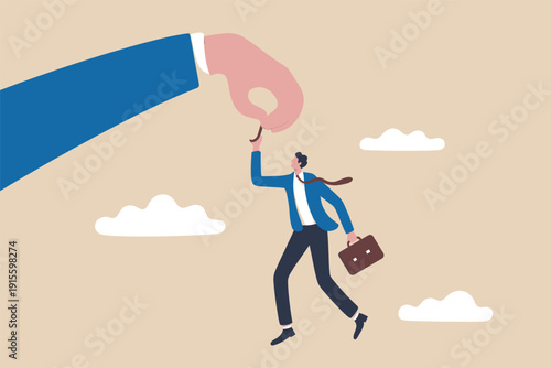Giant hand picking up a businessman with a briefcase representing talent acquisition and recruitment.