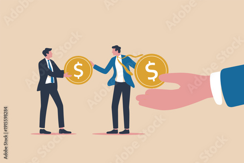 Two businessmen competing for gold dollar coins while one hands wealth to a giant hand