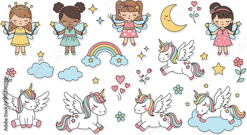 Cute fairy girls and unicorn sticker set with rainbow, stars, clouds, moon