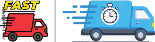 Two professional delivery vectors: one features a speeding white truck with blue motion lines and "FAST" text, and the other is a line-art truck with a large 24H stopwatch.