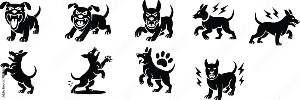 Obraz premium Aggressive dog silhouette illustration, barking dog sketch, animated canine drawing, expressive dog posture artwork, black stylized dog icon design