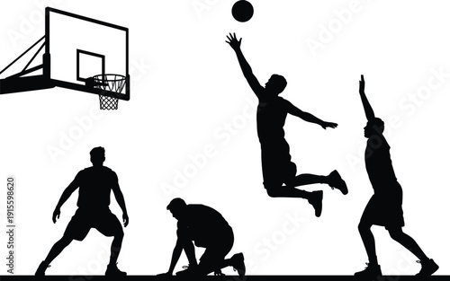 Basketball silhouette illustration, player dunk sketch, defensive block drawing, crouched guard artwork, hoop and backboard design, athletic competition scene