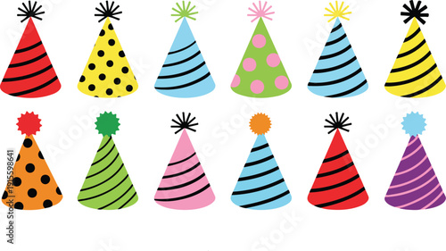 Party Hat Icon Set with Colorful Birthday Caps Festive Decorations Celebration Accessories and Fun Event Elements