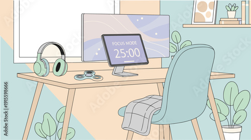 Minimal Home Office Workspace with Focus Mode Timer Illustration