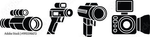 Camera icons illustration, binoculars silhouette, video camera, camcorder lens, digital camera flash vector, optical device drawing, black and white art