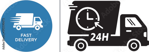 Two professional delivery vectors: a blue circular "FAST DELIVERY" badge with a speeding truck silhouette and a black van icon featuring a large 24H clock face for round-the-clock service.