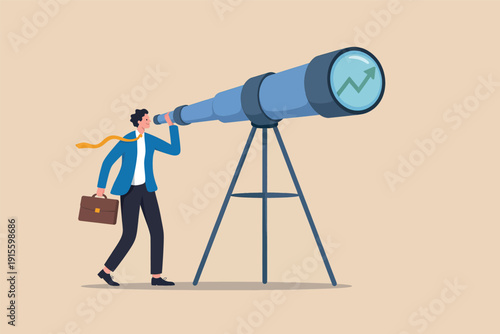 Businessman looking through a giant telescope to see a positive growth trend in the future.