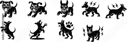 Aggressive dog silhouette illustration, barking dog sketch, animated canine drawing, expressive dog posture artwork, black stylized dog icon design