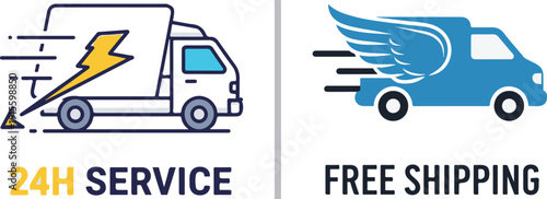 Two professional logistics vectors: a line-art truck with a yellow lightning bolt and "24H SERVICE" text, alongside a blue silhouette van with wings for "FREE SHIPPING".