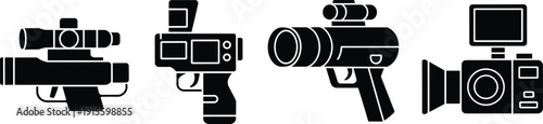 Camera silhouette illustration, tactical surveillance device, handheld digital camcorder icon, futuristic scope camera design, compact action camera drawing, black technology sketch