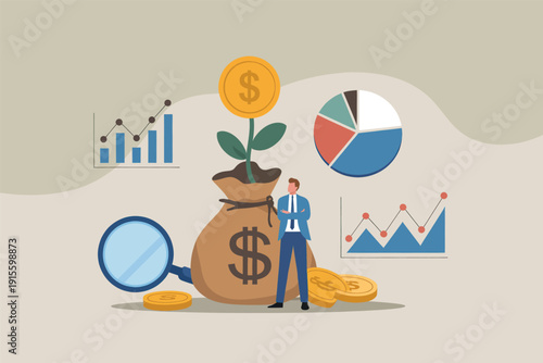 Businessman standing next to a large money bag with growing investment plant and financial charts