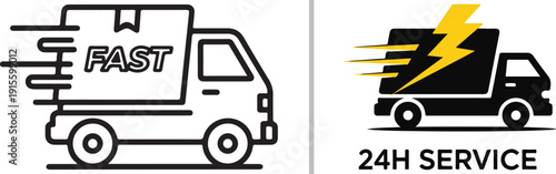 A high-energy logistics vector showcasing a blue semi-truck with fiery speed trails labeled "24H SERVICE" and a black truck profile with a yellow lightning shield and "FAST" typography.