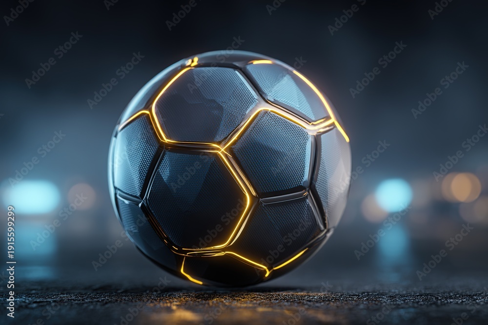 Fototapeta premium Futuristic white soccer ball with glowing blue neon lines on wet pavement