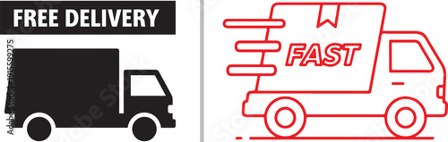 Two minimalist shipping icons: a solid black truck silhouette labeled "FREE DELIVERY" and a red line-art truck with motion trails and "FAST" text to signify rapid parcel transit.